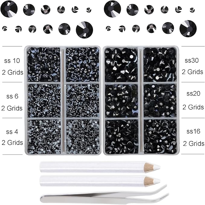 10000Pcs 2-Boxes Mixed Size Hot Fix Round Crystals Gems Glass Stones Hotfix Flat Back Rhinestones with Tweezers and Picking Pencil (Jet Black)