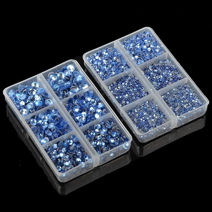 10000Pcs 2-Boxes Mixed Size Hot Fix Round Crystals Gems Glass Stones Hotfix Flat Back Rhinestones with Tweezers and Picking Pencil (Light Blue)