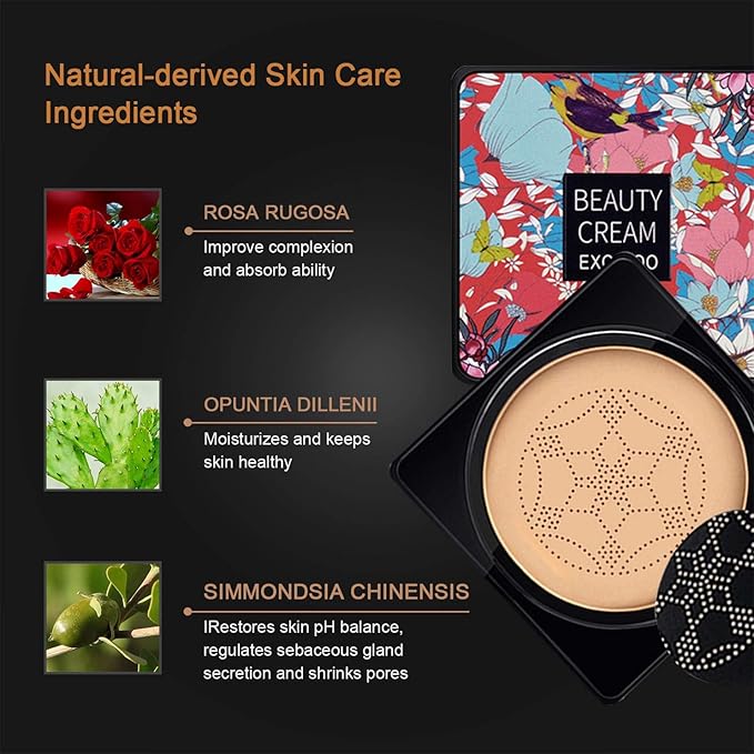 NUIBO Mushroom Head Air Cushion CC Cream Foundation, Moisturizing BB Cream, Long Lasting Matte Concealer with 2PCS Mushroom Head Sponges