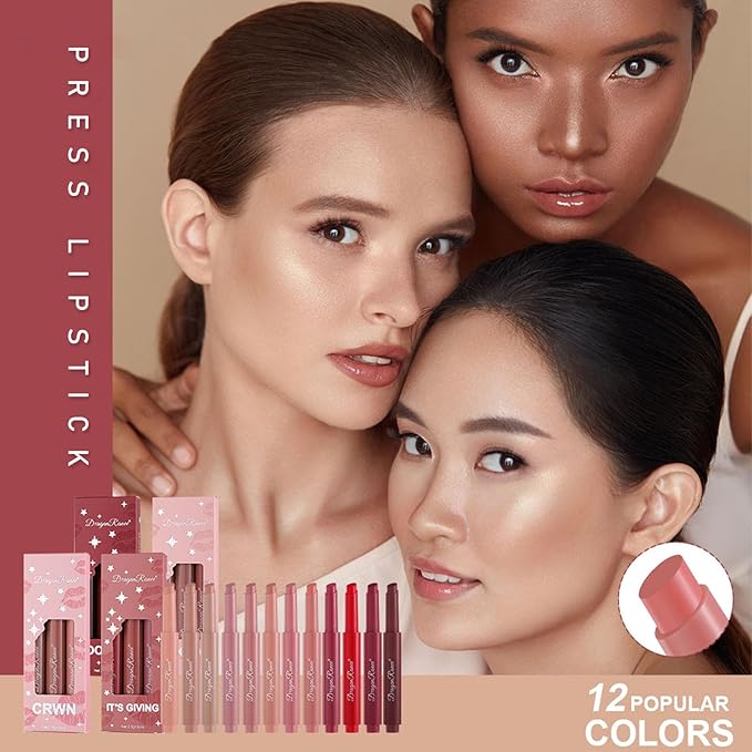 Press Lipstick Set,3 Colors Natural Matte Velvet Air Moisture Smooth Crayon Lip Gloss,Waterproof&Long Lasting Lipstick Pen for Women Makeup,Vivid Color (Set A)