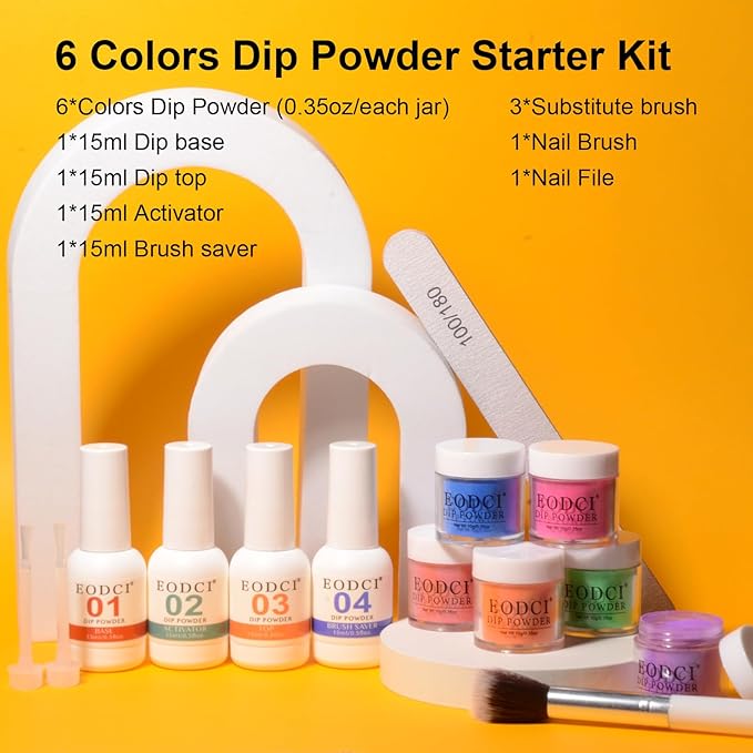 12 Pcs Dip Powder Nail Kit Starter Kit, 6 Colors Pink Red Orange Green Blue Dipping Powder Kit with Base & Top Coat/Activator/Brush Saver, Nail Art Dip Manicure Kits Salon DIY for Women
