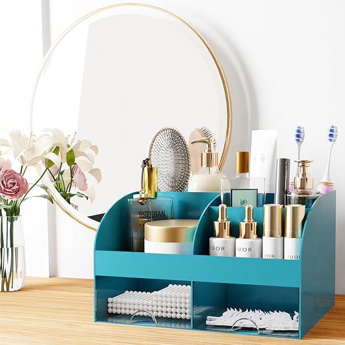 Makeup Organizer with Drawers, Cosmetic Storage for Dresser Vanity and Bathroom Countertop, Beauty Holder for Lipstick Brush, Skincare Organizer for Vanity, Cosmetic Display Case (Dark Green)