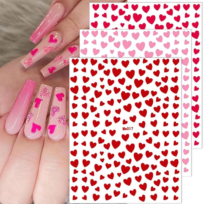 10 Sheets Heart Nail Stickers - 3D Self-Adhesive Glitter Colorful Valentine's Day Nail Decals - DIY Decoration for Women & Girls