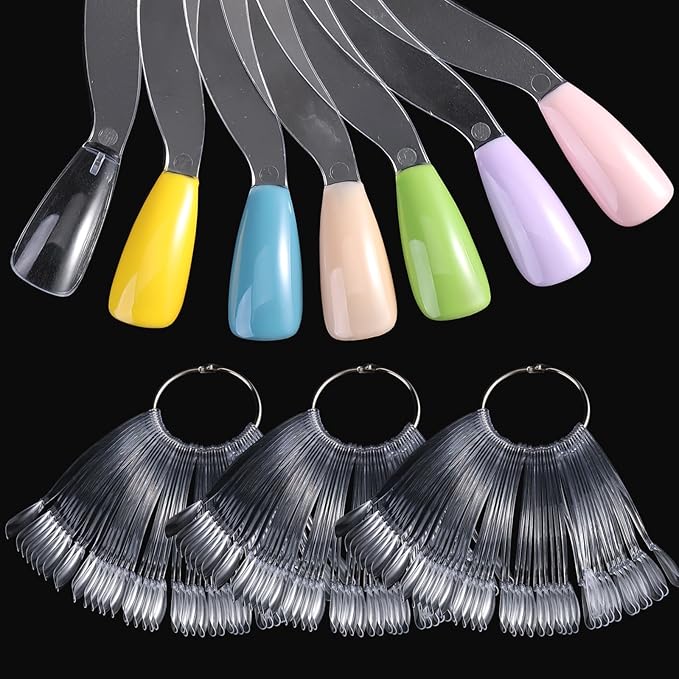 150 Pcs Nail Swatch Sticks with Ring, Clear Coffin Nail Tips for Nail Art Polish Practice Color Display, Acrylic False Nail Sample Sticks Nail tech Supplies for Home or Salon Use