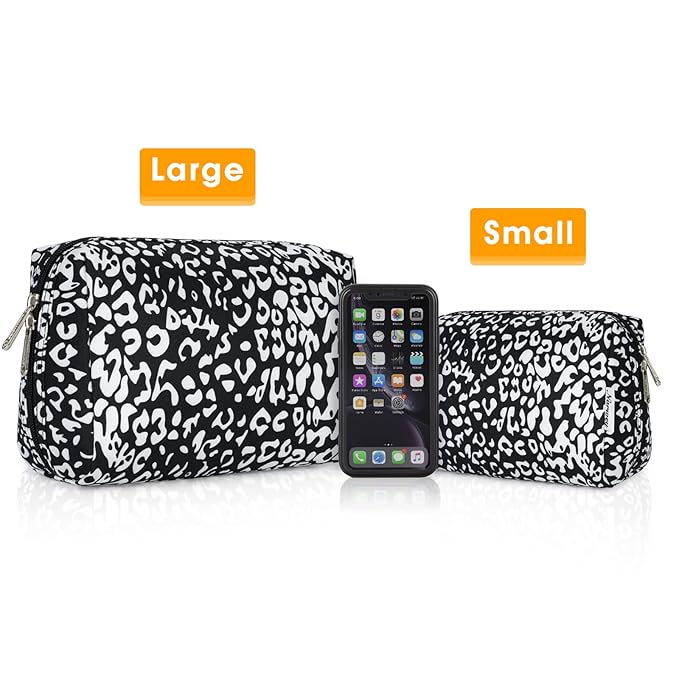 Narwey Cute Cheetah Makeup Bag Travel Cosmetic Bag Organizer Toiletry Bag Make Up Bags with Compartments for Women Girls (Large, Black Leopard)