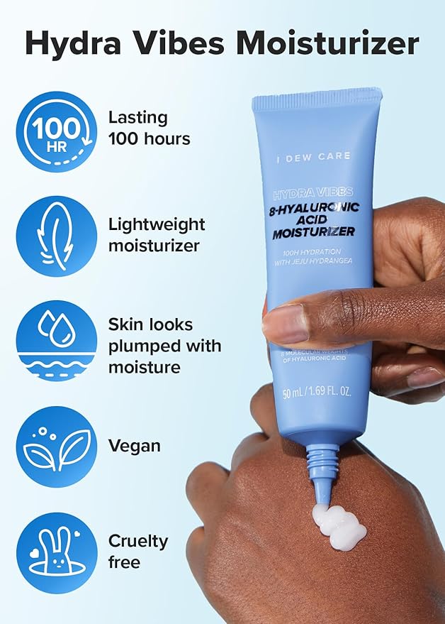 I DEW CARE Skin Care - Hydra Vibes 8-Hyaluronic Acid Moisturizer | Hyaluronic, Face Moisturizer, Hypoallergenic Formula, Glass Skin, Vegan, Cruelty-Free, Illuminating, 1.69 FL Oz.
