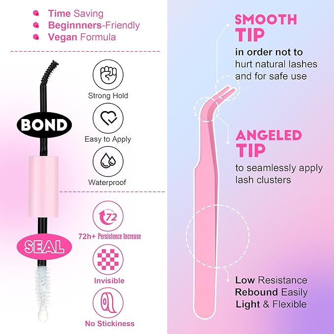 Pawotence Lash Extension Kit DIY 40D 12-18mm Individual Lashes Clusters Kit 280pcs Cluster Eyelash Extensions Kit with Lash Bond and Seal, Tweezers for Self Application (Long 40D, 12-18mm, Kit)