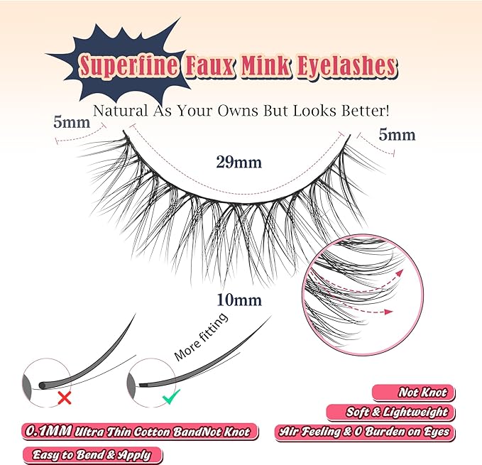 Eyelashes Natural Looking Wispy Lashes 10mm Short Strip Lashes False Eyelashes C Curl Eye Lashes Pack 3D Volume Eyelashes 0.1MM Thin Band Siligli Lashes 7 Pair