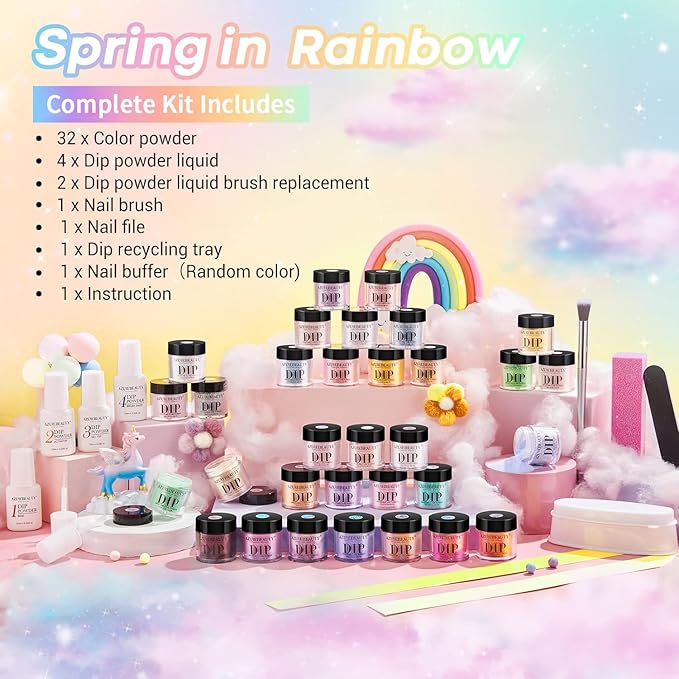 AZUREBEAUTY 42Pcs Dip Powder Nail Kit Starter, 32 Colors Spring Rainbow Bright Pink Red Green Acrylic Dipping Powder Set with Top/Base Coat Activator for French Art Manicure DIY Salon Gift