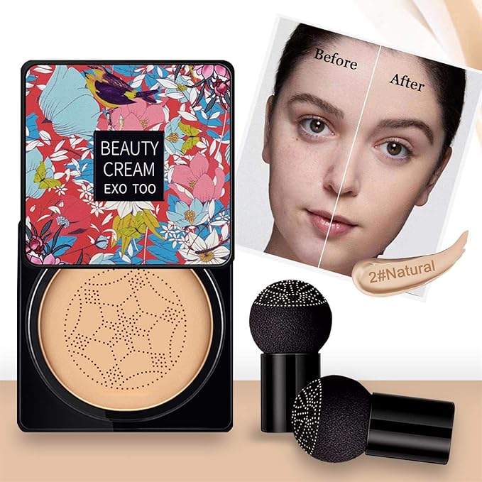 NUIBO Mushroom Head Air Cushion CC Cream Foundation, Moisturizing BB Cream, Long Lasting Matte Concealer with 2PCS Mushroom Head Sponges