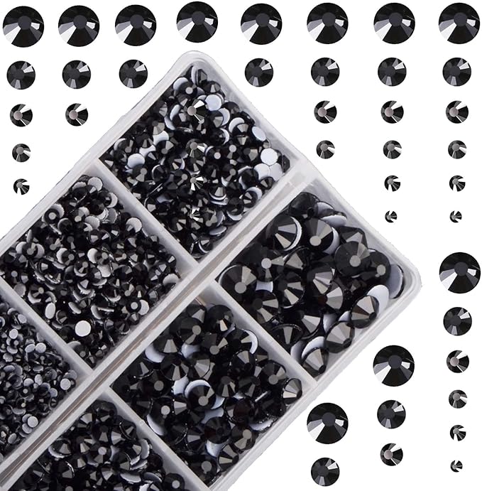 10000Pcs 2-Boxes Mixed Size Hot Fix Round Crystals Gems Glass Stones Hotfix Flat Back Rhinestones with Tweezers and Picking Pencil (Jet Black)