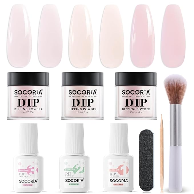 Dip Powder Nail Kit Starter, 9 Pcs Transparent Nude Pink Nude Skin Colors Dipping Powder Liquid Set with Base Top Coat and Activator for Nail Art Manicure Salon DIY at Home