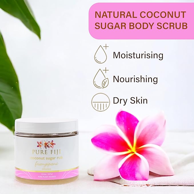 Pure Fiji Coconut Sugar Body Scrub - Body Exfoliator Scrub Natural Origin for Smooths and Softens Skin - Organic Exfoliating Sugar Scrub for Body, Frangipani, 15.5 Oz
