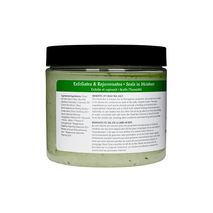 Premium Taza Peppermint Dead Sea Salt Scrub, 473 ml 24 oz (670 g) Exfoliates Your Skin Leaving it Soft and Hydrated Contains: Coconut Oil, Shea Butter, Grapeseed Oil, Sweet Almond Oil, 26 Minerals