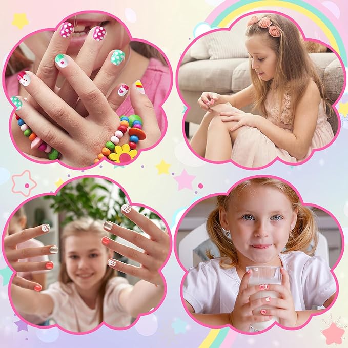 108Pcs Fake Press on Nails for Kids,Acrylic Full Cover False Press on Nails Girls Stick on Nails for Kids Children Birthday Party Favors Gift Nail Art Decoration(9 Pack Cute Style)
