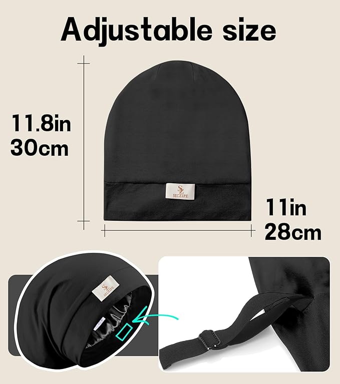 100% Mulberry Silk Bonnet for Sleeping for Curly Hair and Braids, Wrap with Adjustable Strap for Women and Men,Real Silk, Not Satin(1Pc,Black)