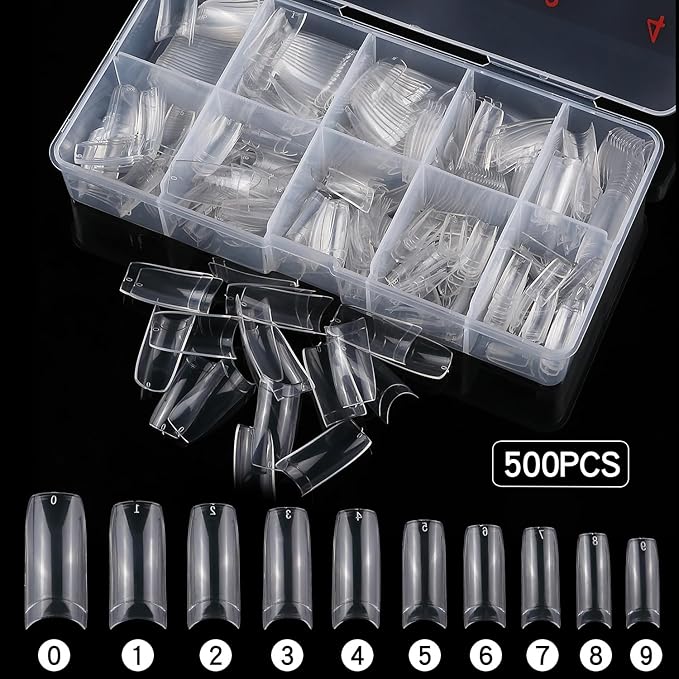 1000pcs Clear and Natural Square Nail Tips,10 Size French Nail Tips For Acrylic Nails Half Cover False Nails Extension Artificial Fingernails