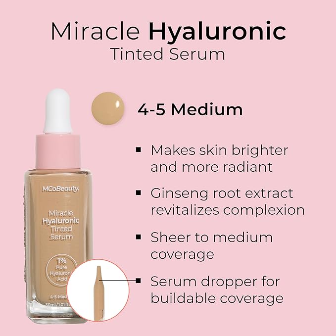 MCoBeauty Miracle Hyaluronic Tinted Serum, 4-5 Medium, Hydration & Glow for Radiant Skin, Vegan, Cruelty Free Cosmetics