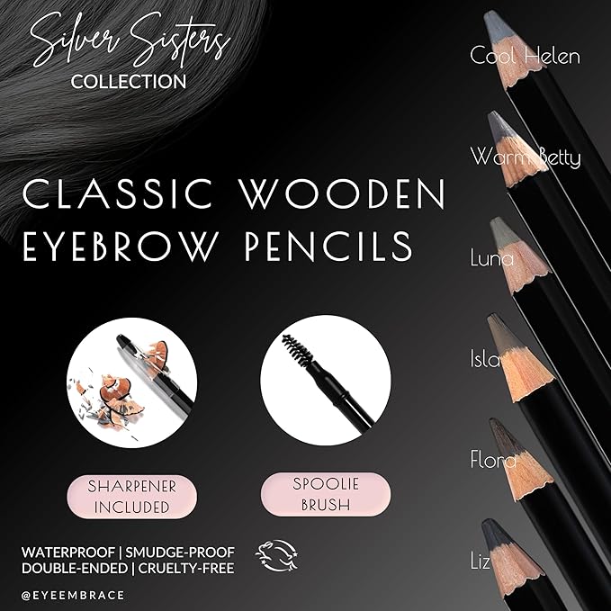 Eye Embrace Liz Classic: Warm Medium Gray Wooden Eyebrow Pencil – Waterproof, Double-Ended Pencil with Sharpener & Spoolie Brush, Cruelty-Free
