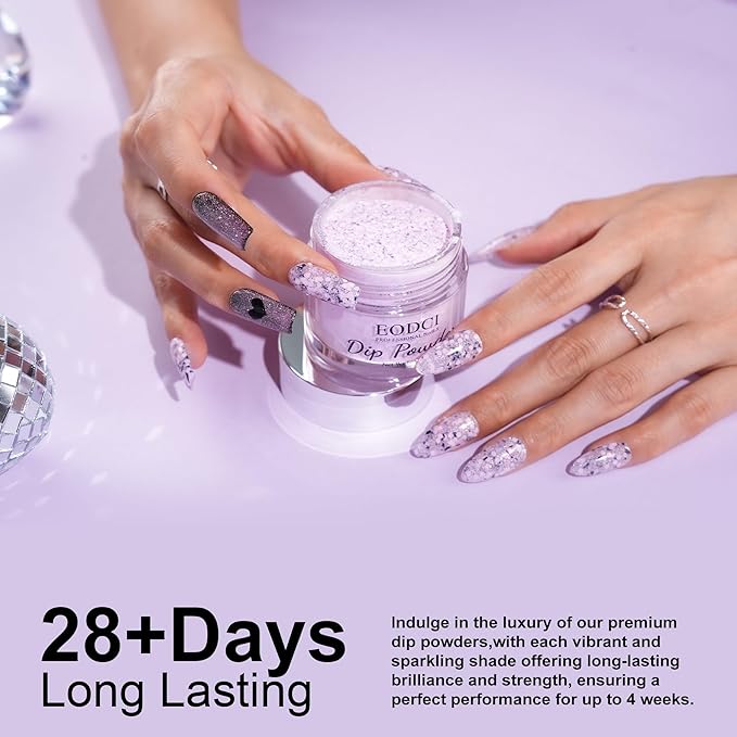 Lavender Glitter Dip Powder, Nail Dipping Powder 1 Oz/28g Purple Colors with Platinum foil for DIY Manicure Salon at Home Easy to Use Nail Dip Powder for Women Gift No Needed Nail Lamp Curing