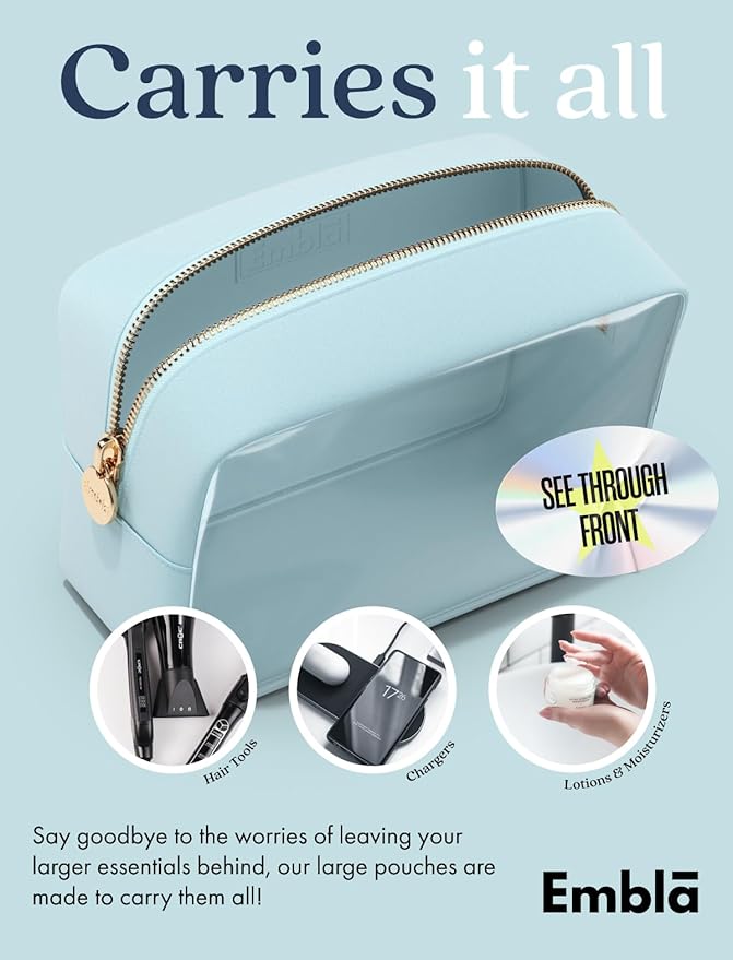 Embla Clear Cosmetic Bag Makeup Case, Clear Zipper Make Up Pouch and Toiletry Travel Tote, Cute Skincare Pouches for Women Girls, Preppy Purse Cosmetic Organizer, Large Makeup Bags, Sky Blue
