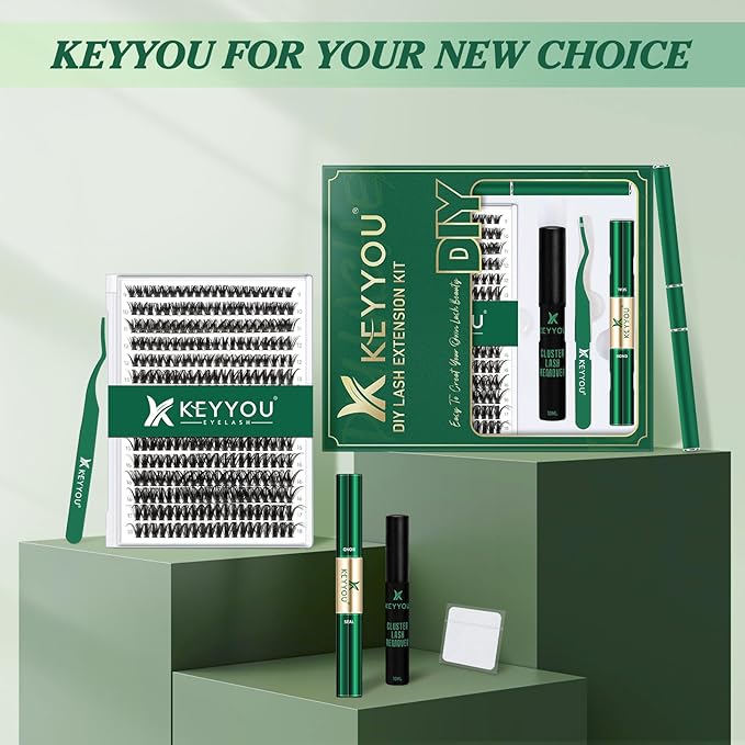 DIY Lash Extension Kit KEYYOU 300Pcs Individual Eyelash Extension Kit 50D 0.07C Curl 9-18MIX Lash Clusters Kit with Lash Glue Remover Applicator Easy to Use for Beginners(Kit-50D-0.07C,9-18MIX)
