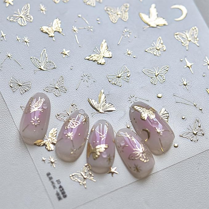 1 Sheets Gold Butterfly Nail Art Stickers 5D Self Adhesive Embossed Star Nail Stickers for Nail Art Gold Moon Stars Butterflies Nail Decals Nails Design Supplies for Women Girl DIY Manicure Decor