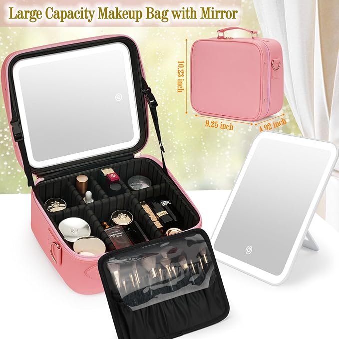 Travel Makeup Bag with Light Up Mirror,Makeup Travel Case with adjustable dividers,Waterproof Makeup Train Case,lighted Makeup Case with Detachable Mirror