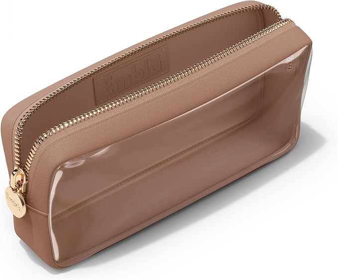 Embla Clear Cosmetic Bag Makeup Case, Clear Zipper Make Up Pouch and Toiletry Travel Tote, Cute Skincare Pouches for Women Girls, Preppy Purse Cosmetic Organizer, Small Makeup Bags, Mocha Mousse
