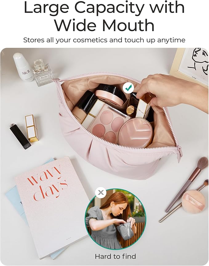 BAGSMART Makeup Bag Travel Toiletry Bag, Cute Make Up Bag, Large Capacity Cosmetic Bags for Women, Wide-open Makeup Pouch Travel Essentials Toiletries Accessories Brushes (Pink)