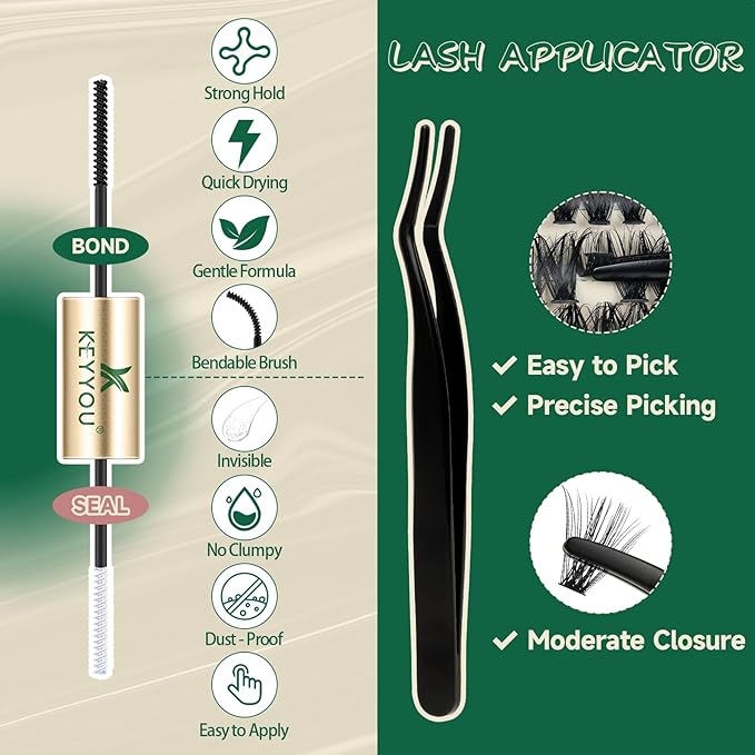 DIY Lash Extension Kit 280pcs Individual Lashes D Curl Eyelash Extension Kit KEYYOU 50D 9-18Mix Natural Lash Clusters with Lash Bond and Seal and Lash Applicator for DIY at Home(KIT-50D-0.07D-9-18Mix)