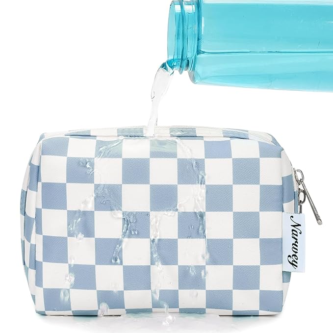 Narwey Small Checkered Makeup Bag for Purse Mini Cosmetic Bag Travel Makeup Pouch Zipper Pouch Cute Make up Bags with Compartments for Women Girls(Small,Sky Blue Checkerboard)
