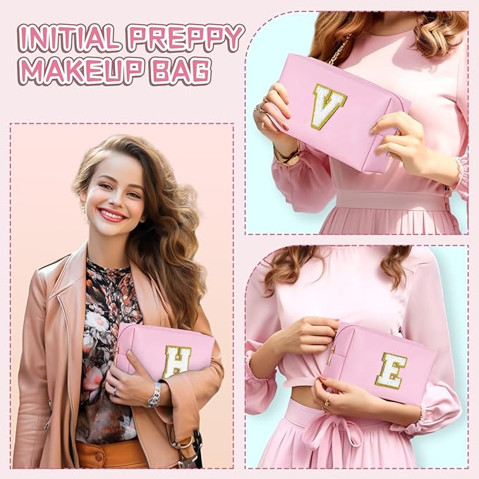 TOPEAST Preppy Pink PU Leather Makeup Bag with Gold Glitter Chenille Patch, 8.3in x 3.5in x 4.9in