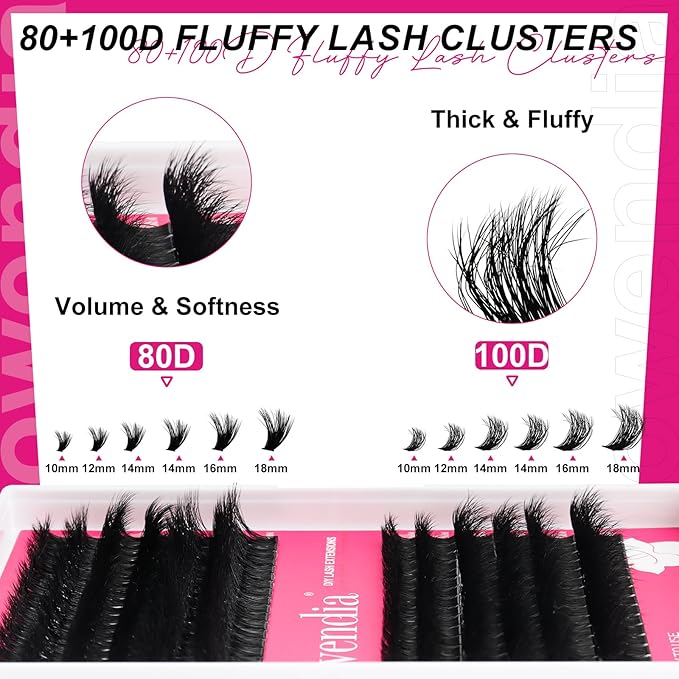 Lash Clusters 80D 100D Fluffy Individual Lashes D Curl Cluster Eyelash Extensions 10-18mm Wispy DIY Lash Extension Thick Volume False Eyelashes Clusters for Beginners