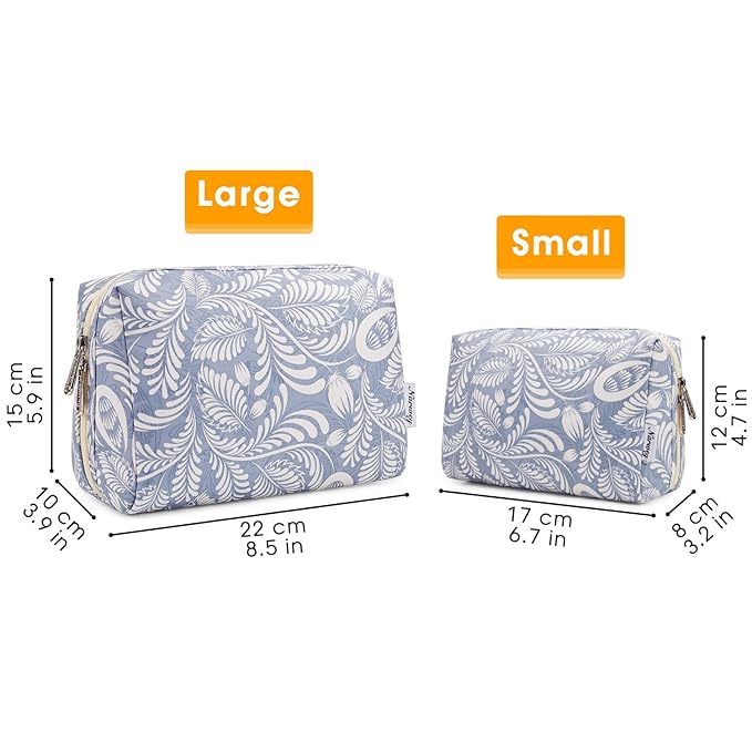 Narwey Cute Makeup Bag Travel Cosmetic Bag Organizer Toiletry Bag Make Up Bags with Compartments for Women Girls (Large, Blue Leaf)