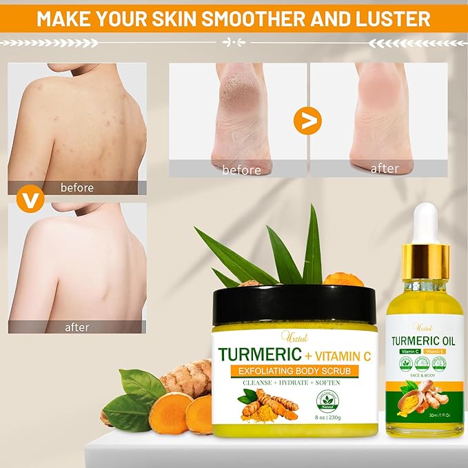Turmeric Body Scrub Tumeric Oil Set, Natural Soothing Remove Dead Skin For Body, Face, Hand, Foot, Skincare Bikini Private Area, Smooth Hydrating Exfoliating Scrub Suitable for All Skin Types