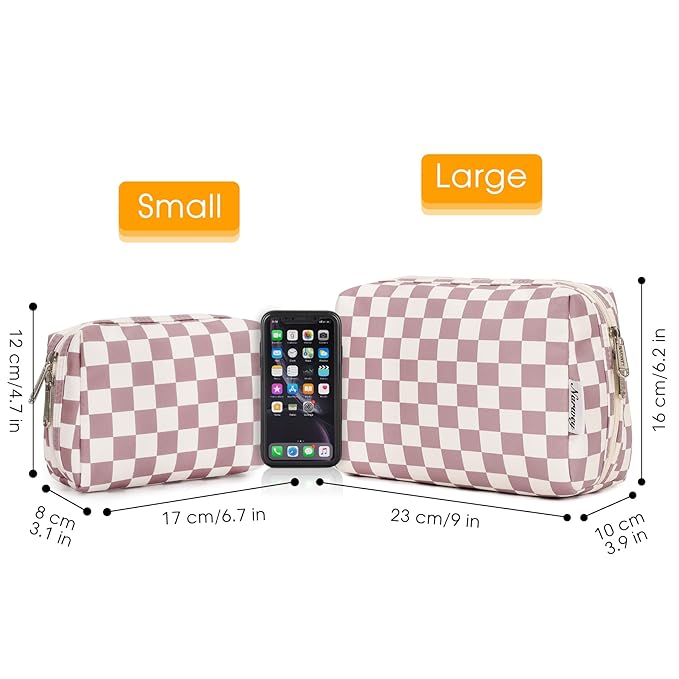 Narwey Small Checkered Makeup Bag for Purse Mini Pink Cosmetic Bag Travel Makeup Pouch Zipper Pouch Cute Make up Bags with Compartments for Women Girls (Dusty Rose Checkerboard, Small)