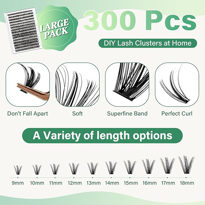 DIY Lash Extension Kit KEYYOU 300Pcs Individual Eyelash Extension Kit 50D 0.07C Curl 9-18MIX Lash Clusters Kit with Lash Glue Remover Applicator Easy to Use for Beginners(Kit-50D-0.07C,9-18MIX)