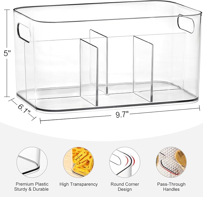 2 Pack, 5-Compartment Clear Plastic Bin - Divided Art Supplies, Cosmetic Makeup Caddy Organizer - Multiuse Storage Container for Vanity, Bathroom, Kitchen, Office, Craft, Shower, Cleaning Items