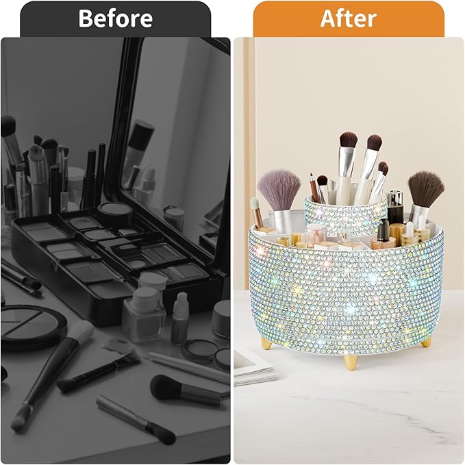 Bling 360° Rotate Makeup Brush Holder Organizer, Makeup Organizers Countertop, Makeup organization and Skincare Storage for Vanity, Gift for Women Girls (Bling dz-White AB)