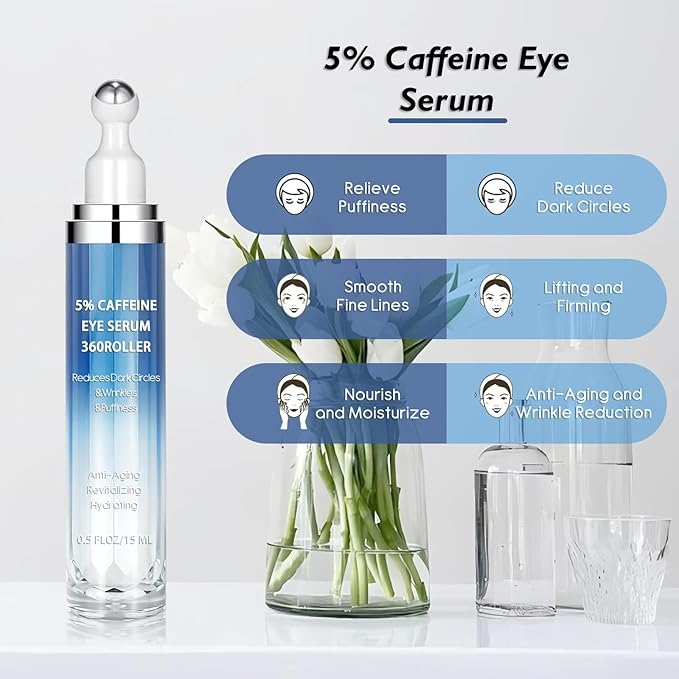 Eye Serum with 5% Caffeine & 5% Retinol – Under Eye Cream with Hyaluronic Acid, Niacinamide & Peptides for Dark Circles, Puffiness & Fine Lines – 360° Massage Roller Ball, 0.5 fl. oz
