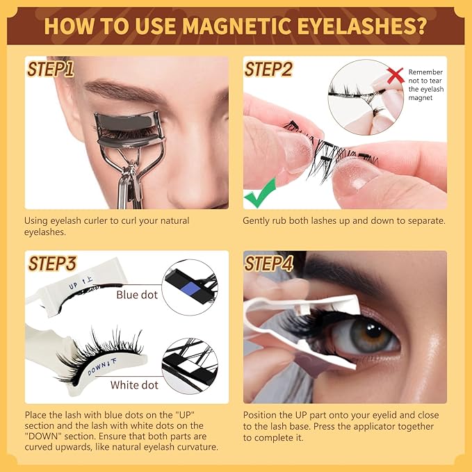 QUEWEL Magnetic Eyelashes 1 Pair Reusable Magnetic Eyelashes with Applicator No Glue Needed Eyelashes Cat Eye Natural Look Lash Clusters Kit Easy to Wear and Remove(B04)