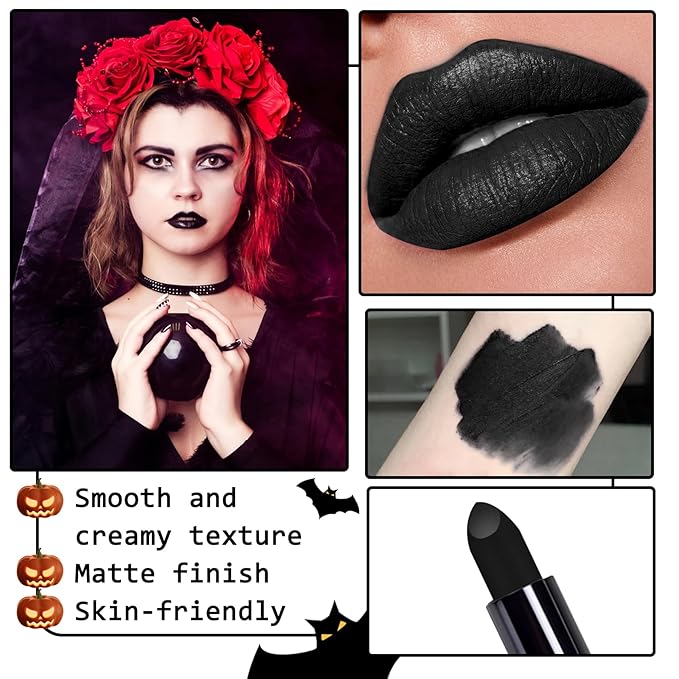 Matte Black Lipstick,Highly Pigmented Non-stick Cup Halloween Black Lip Gloss for Skull Cosplay Goth Skeleton Zombie Clown,Waterproof Long Lasting Eye Black Makeup Stick for Softball Baseball Sports