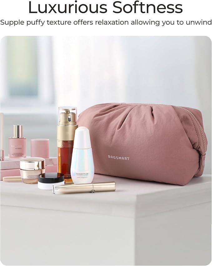 BAGSMART Makeup Bag Travel Makeup Bag, Cute Make Up Bag, Large Capacity Cosmetic Bags for Women, Wide-open Makeup Pouch Travel Essentials Toiletries Accessories Brushes (Nude Pink)