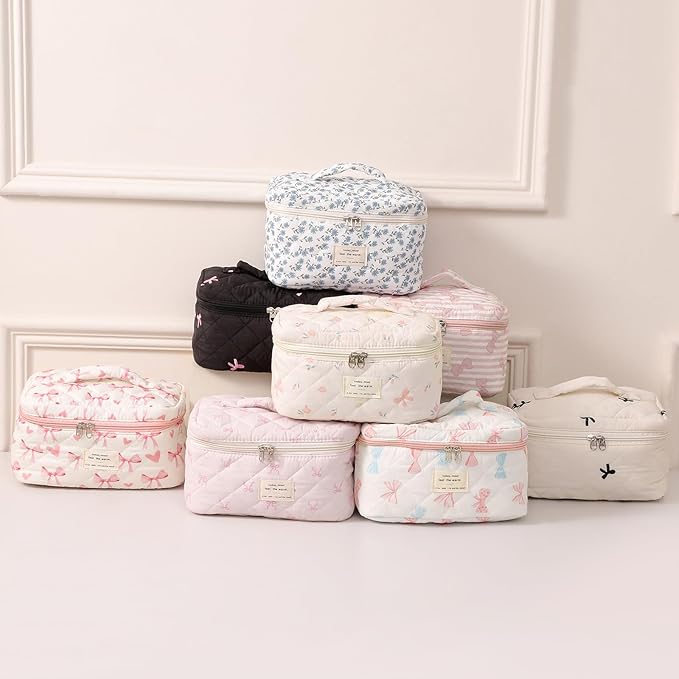 uekeboag Large Travel Quilted Makeup Bag for Women, Floral Cotton Cosmetic Bag, Coquette Aesthetic Floral Toiletry Organizer Bag