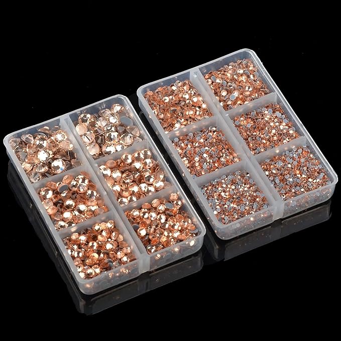 10000Pcs 2-Boxes Mixed Size Hot Fix Round Crystals Gems Glass Stones Hotfix Flat Back Rhinestones with Tweezers and Picking Pencil (Champagne)