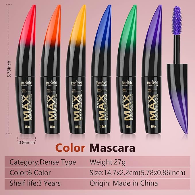 Colored Mascara, 6 Colors Colorful Mascara Set, Waterproof and Smudgeproof Longlasting Mascara for Eyelashes, Blue Purple Green Red Yellow Orange Mascara
