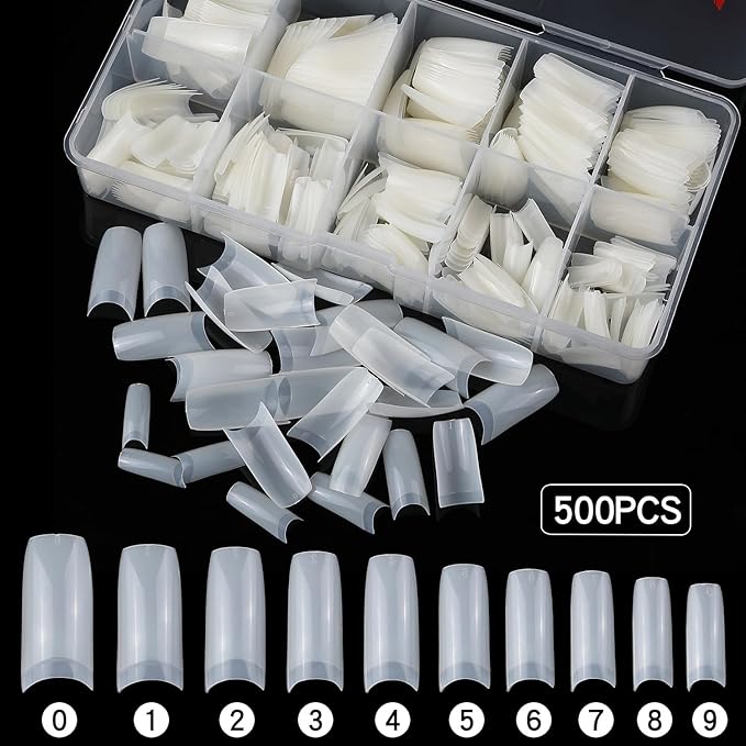 1000pcs Clear and Natural Square Nail Tips,10 Size French Nail Tips For Acrylic Nails Half Cover False Nails Extension Artificial Fingernails
