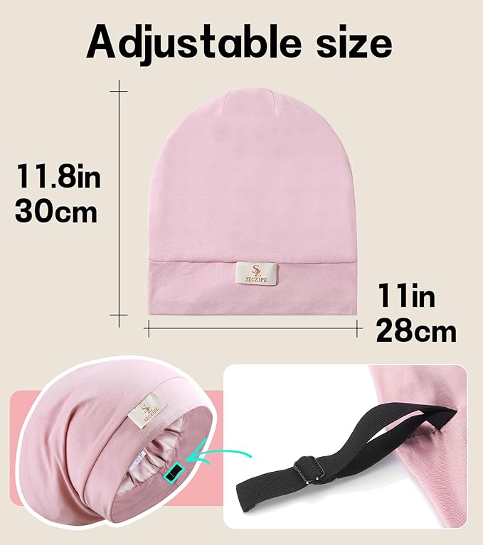 100% Mulberry Silk Bonnet for Sleeping for Curly Hair and Braids, Wrap with Adjustable Strap for Women and Men, Silk, Not Satin(1Pc,Pink