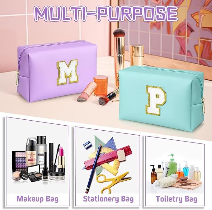 TOPEAST Preppy Makeup Bag, Small Cosmetic Travel Bags for Women, PU Leather Waterproof Toiletry Bag with Zipper, Personalized Birthday Gift for Women Girl, Preppy Gifts for Girl (Purple F)